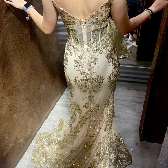 gold corset top prom dress Colette By Daphne CL8560 - Long Novelty Metallic Jersey, Accent Stones, Sequins, Rhinestones, Stretch Lining Mermaid Dress main image 1